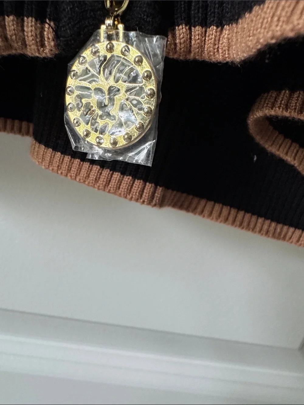 Anne Klein Black and Tan Geometric Zip-Front Turtleneck Sweater - Picture 5 of 9
